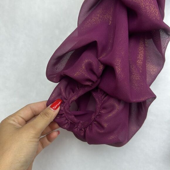 Burgundy Sheer Wrap Top Sz M Tiered Statements Sleeves elastic cuffs - Picture 7 of 11